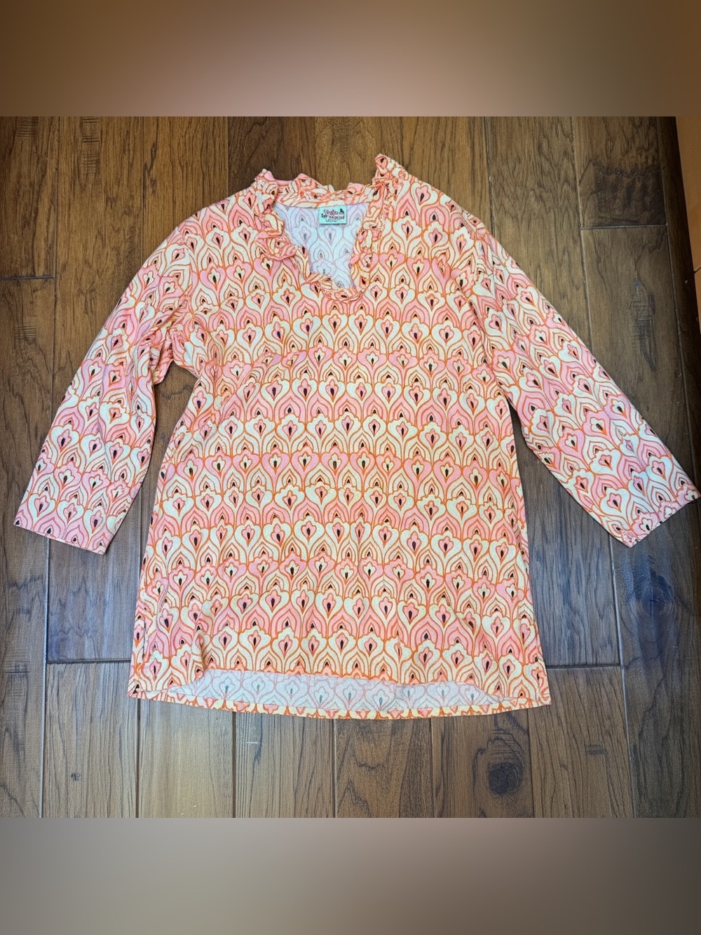 Haley & The Hound XL Geometric Print Cotton Shift Dress Ruffle Neck Boho USA - Picture 11 of 12